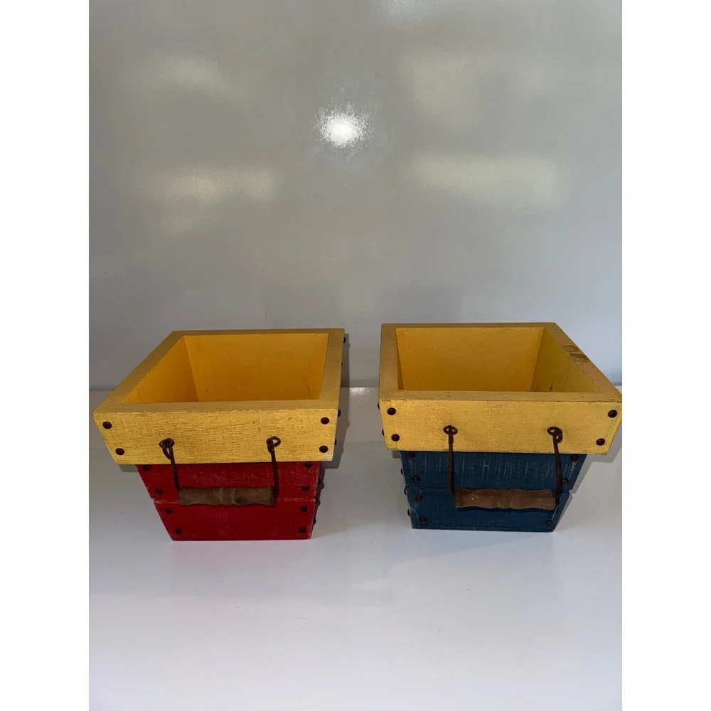 Rustic Primary Color Wooden Storage Crates Planters Red Blue Yellow Farmhouse